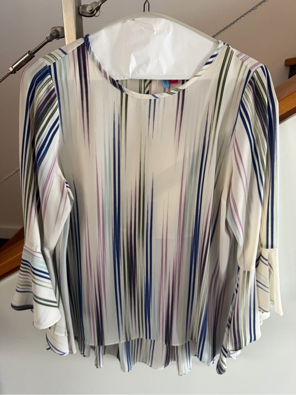 Striped Bell-Sleeve Blouse in Cream and Multicolor